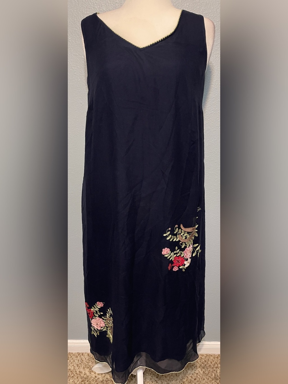 Robbie Bee Blue 100% Silk Floral Embroidered Midi Dress Boho Y2K Whimsigoth 14W
